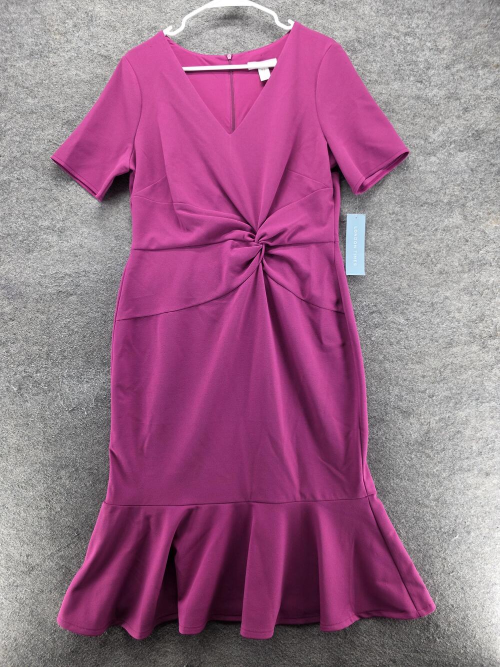 London Times Dress Womens 12 Pink V-Neck Mermaid Knee Length Polyester Spandex